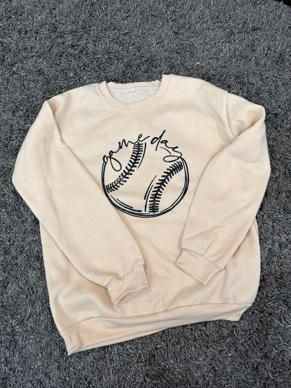 Game Day Baseball Graphic Crewneck Sweatshirt Beige